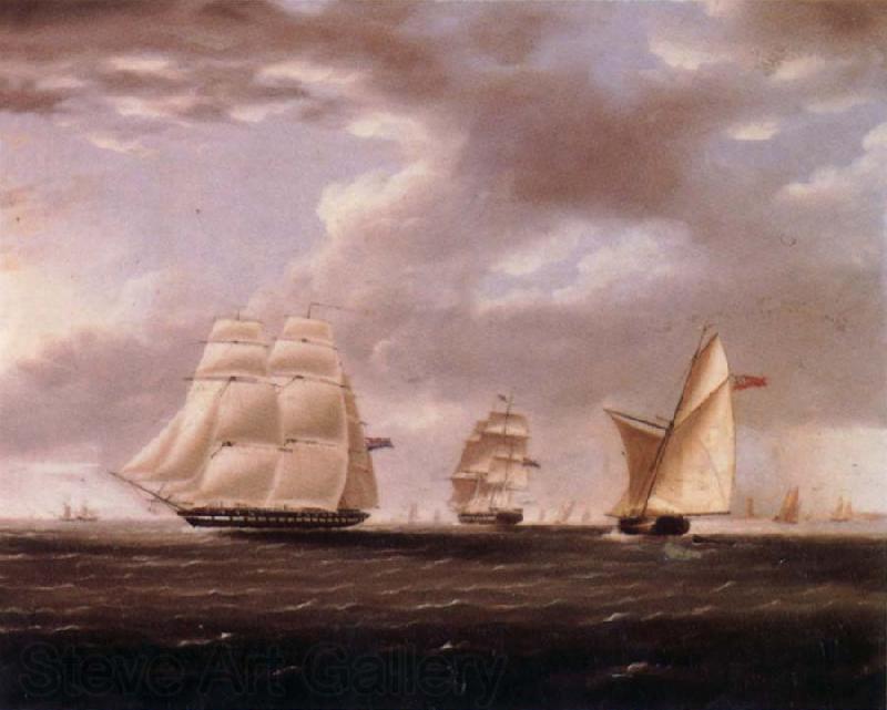 Thomas Buttersworth Two British frigates and a yawl passing off a coast Germany oil painting art